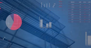 Şehir manzarası üzerinde veri işleme resmi. küresel iş, finans ve dijital arayüz kavramı dijital olarak oluşturulmuş görüntü.