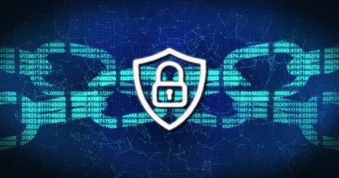 Karanlık arka planda asma kilit, zincir ve veri işleme resmi. Küresel siber güvenlik, bağlantılar, hesaplama ve veri işleme kavramı dijital olarak oluşturuldu.