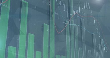 Ekranda piyasa eğilimlerini gösteren yeşil ve kırmızı grafikler. Parmaklıklar yükseliyor ve düşüyor, mali verilerde değişimler gösteriliyor