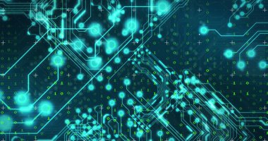 Mavi arka planda ikili kodlama ve parlayan mikro işlemci bağlantılarının görüntüsü. Bilgisayar arayüzü ve iş teknolojisi kavramı