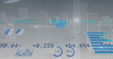 Şehir manzarası üzerinde finansal veri işleme resmi. Küresel finans, iş, bağlantılar, hesaplama ve veri işleme kavramı dijital olarak oluşturuldu.