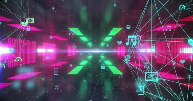 Pembe ve yeşil renkli tünel üzerinde birbirine bağlı simgelerin görüntüsü ve küre şekilleri. Dijital olarak üretilmiş, hologram, küreselleşme, aydınlanma, soyut, iletişim ve teknoloji kavramı.