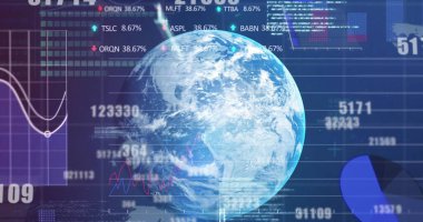 Dünya çapında finansal veri işleme görüntüsü. Küresel iş, finans, hesaplama ve veri işleme kavramı dijital olarak oluşturulmuş görüntü.