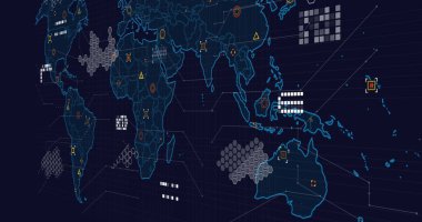 Siyah zemin üzerinde veri işleme olan dünya haritası. Küresel iş, bilgisayar ve dijital arayüz kavramı dijital olarak oluşturulmuş görüntü.