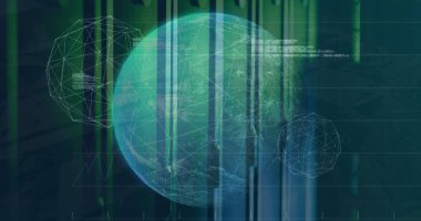 Bilgisayar sunucu odasına karşı dönen küresel ve istatistiksel veri işleme görüntüsü. Küresel ağ ve iş veri depolama teknolojisi kavramı