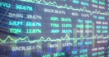 Şehir manzarası üzerinde finansal veri işleme resmi. Küresel iş ve veri işleme kavramı dijital olarak oluşturulmuş görüntü.