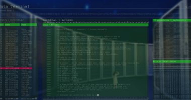 Bilgisayar sunucuları üzerinden veri işleme resmi. Küresel ağlar, bağlantılar, hesaplama ve veri işleme kavramı dijital olarak oluşturuldu.