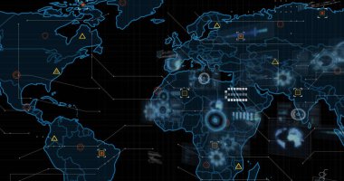 Veri işleme görüntüsü ve dünya haritası siyah zemin üzerinde. Küresel iş ve dijital arayüz kavramı dijital olarak oluşturulmuş görüntü.