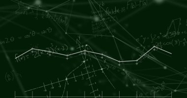 Matematiksel denklemlerin görüntüsü ve yeşil arkaplanda yüzen bağlantılar ağı. Okul eğitimi ve iş teknolojisi kavramı