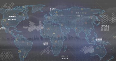 Şehir manzarasının hava görüntüsüne karşı dünya haritası ve veri işleme görüntüsü. Küresel ağ ve iş teknolojisi kavramı