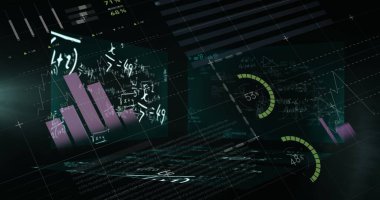 Siyah zemin üzerinde matematiksel denklemleri olan istatistiksel veri işleme ve ekranlarının resmi. İş veri teknolojisi kavramı