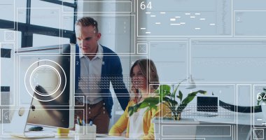 Ofisteki çeşitli iş adamlarının veri işleme görüntüsü. Küresel iş, finans, hesaplama ve veri işleme kavramı dijital olarak oluşturulmuş görüntü.