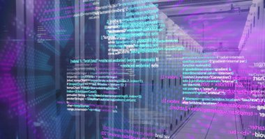 Bilgisayar sunucu odasındaki veri işleme ve neon tünelin görüntüsü. Bilgisayar arayüzü ve iş veri depolama teknolojisi kavramı