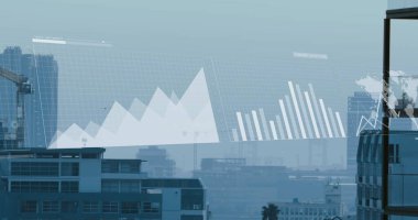 Çoklu grafikler, daireler yüklemek ve gökyüzüne karşı modern binaların haritasını çıkarmak. Dijital bileşik, çoklu pozlama, rapor, iş, ilerleme, mimari ve küresel konsept.