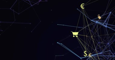 Siyah arkaplana karşı dönen dijital simgelerin ve bağlantı ağının küresi. Küresel ağ ve iş teknolojisi kavramı