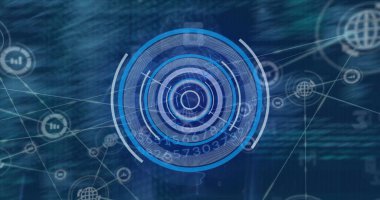 İletişim ağları ve işleme verileri üzerinde dairesel tarayıcı görüntüsü. Veri, iş dünyası, ağlar, dijital arayüz ve küresel iletişim, dijital olarak oluşturulmuş görüntü.