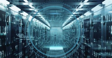 Bilgisayar sunucularından kalkan simgesi ve veri işleme resmi. Küresel hesaplama, dijital arayüz ve veri işleme kavramı dijital olarak oluşturuldu.