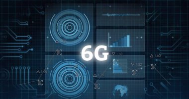 6 G metin, tarama ve veri işleme şebekesi üzerinde görüntü. Küresel bağlantılar, bulut hesaplama ve veri işleme kavramı dijital olarak oluşturulmuş resim.