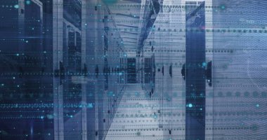 Sunucu odasında veri işleme resmi. Küresel teknoloji, bilgisayar ve dijital arayüz kavramı dijital olarak oluşturulmuş görüntü.