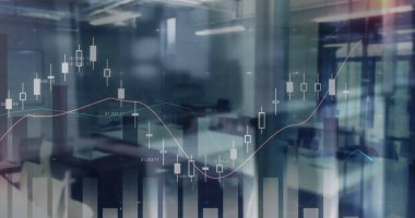 Boş ofislerdeki boş sandalyelerin üzerinde birden fazla grafik. Dijital bileşik, çoklu pozlama, mobilya, rapor, büyüme, soyut, mimari ve iş konsepti.