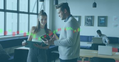 Ofiste çalışan iş adamlarının istatistik ve mali veri işleme görüntüsü. Küresel iş, finans, bilgisayar ve veri işleme kavramı dijital olarak oluşturulmuş görüntü.