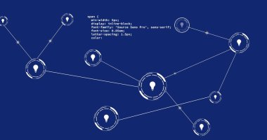 Mavi arkaplan üzerinde çizgiler ve bilgisayar diline bağlı ampul simgelerinin resmi. Dijital olarak üretilmiş, hologram, illüstrasyon, iletişim, fikirler, kodlama ve teknoloji kavramı.