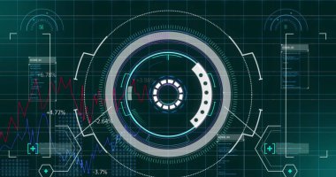 Izgara arka planında hareket eden birden fazla grafik üzerinde radar ve bilgisayar dili görüntüsü. Dijital olarak üretilen, taranan, veri işleme, iş, rapor, tahmin, planlama ve teknoloji kavramı.