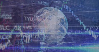 Dijital veriler ve hisse senedi numaraları küresel finansmanı sembolize eden bir dünyayı çevrelemektedir. Dünya 'yı kaplayan saydam grafikler ve yüzdeler ekonomik bağlantıyı vurguluyor