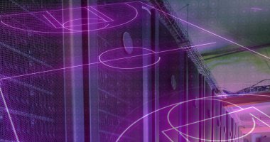 Soyut geometrik şekilleri vurgulayan mor ve pembe ışıklar. Üst üste binen daireler ve çizgiler karanlık bir arkaplanda fütürist bir his yaratıyor.