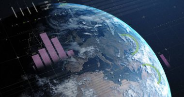 Dünya 'yı uzaya karşı döndüren çok renkli bilgi arayüzünün görüntüsü. Dijital olarak üretilen hologram, illüstrasyon, rapor, iş dünyası, büyüme, ilerleme ve küreselleşme kavramı.