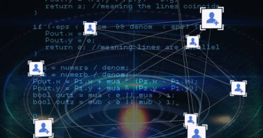 Yuvarlak tarayıcı ve ışık noktası üzerinden profil simgeleri ve veri işleme ağının resmi. Küresel ağ ve iş teknolojisi kavramı
