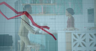 Afro-Amerikan erkek ve kadının ofiste tartıştığı istatistiksel veri işleme görüntüsü. İş veri teknolojisi kavramı