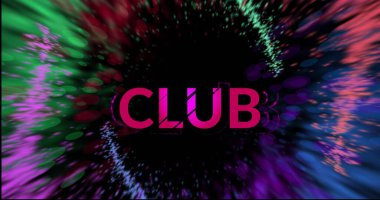 Pembe kulüp metni ve siyah arkaplanda ışık izleri. Müzik, ışık, hareket ve renk konsepti dijital olarak oluşturuldu.