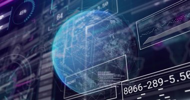 Grafikler, daireler, çubuklar, soyut arkaplan karşısında dünya çapında değişen sayılar. Dijital olarak üretilen, hologram, illüstrasyon, rapor, iş, ilerleme ve küreselleşme kavramı.