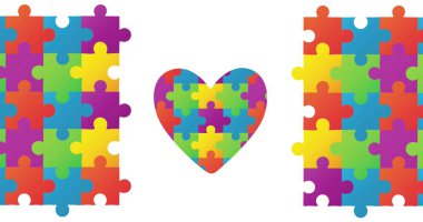 Renkli yapboz parçaları ve otizm farkındalık ayı metni. Otizm öğrenme zorlukları desteği ve dijital olarak oluşturulan farkındalık konsepti.