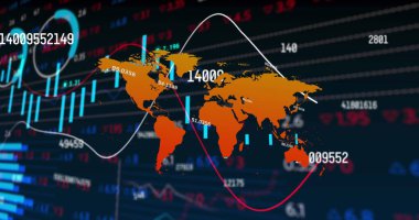 Grafiklerin, alım satım tahtasının ve haritada siyah arkaplana karşı artan sayıların resmi. Dijital olarak üretilmiş, hologram, küresel, büyüme, rapor, finans, ticaret ve teknoloji kavramı.