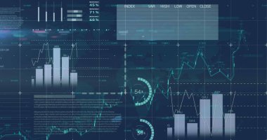 Mavi arkaplandaki dünya haritasına karşı şebeke üzerinden istatistiksel veri işleme resmi. Küresel ağ ve iş veri teknolojisi kavramı