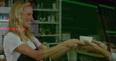 Kafkas kadın barikatının üzerinde kahve eşliğinde veri işleme görüntüsü. Küresel bağlantılar, bulut hesaplama ve veri işleme kavramı dijital olarak oluşturulmuş resim.