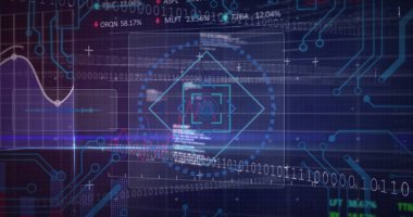 Yuvarlak tarayıcı görüntüsü, borsa veri işleme ve mikroişlemci bağlantıları. Küresel ekonomi ve iş veri teknolojisi kavramı