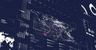 Dünya haritasında mavi arkaplan ile veri işleme arayüzünün görüntüsü. Bilgisayar arayüzü ve iş teknolojisi kavramı