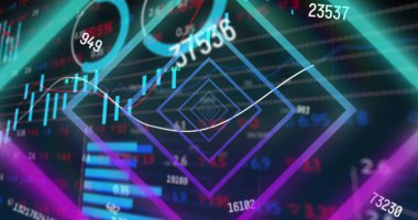 Değişen sayılar ve borsa veri işleme üzerine kusursuz desenli neon tünelin görüntüsü. Küresel ekonomi ve iş arayüzü teknolojisi kavramı