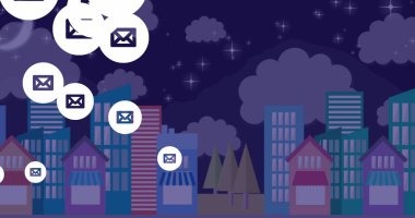 Email icons floating above varying-sized buildings under starry night sky. Creating a dynamic urban silhouette, cityscape captivates with its lively atmosphere clipart