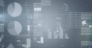 Gri arka planda istatistiksel veri işleme yapan ekranların görüntüsü. Bilgisayar arayüzü ve iş teknolojisi kavramı