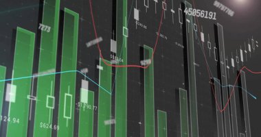Arayüz ekranındaki grafikler üzerinden sayısal verilerin işlenmesinin resmi. Veri, iş, istatistik, dijital arayüz ve küresel iletişim, dijital olarak oluşturulmuş görüntü.