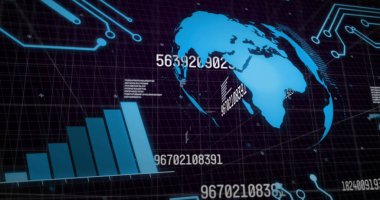 Devre kartı ve veri işleme görüntüsü. Küresel iş, finans, hesaplama ve veri işleme kavramı dijital olarak oluşturulmuş görüntü.