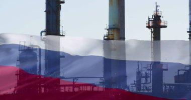 Petrol fabrikası ve Rusya bayrağı. Küresel iş, finans, hesaplama, dijital arayüz ve veri işleme kavramı dijital olarak oluşturuldu.