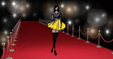 Siyah ve sarı elbiseli bir kadın kırmızı halıda yürüyor, etrafı ışıklarla çevrili. Yüksek çizme giyiyor, şık saç kesimi yapıyor.