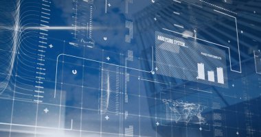 Şehir manzarası üzerinde veri işleme resmi. küresel iş, finans ve dijital arayüz kavramı dijital olarak oluşturulmuş görüntü.