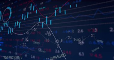 Mavi arka planda finansal veri işleme resmi. Küresel iş, finans, hesaplama ve veri işleme kavramı dijital olarak oluşturulmuş görüntü.