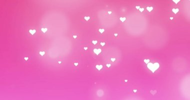 Aydınlanmış beyaz kalp şekillerinin pembe arka plana düşüşü. Dijital olarak üretilmiş, illüstrasyon, aşk, selamlama, buluşma, romantizm, sevgililer günü, kutlama konsepti.